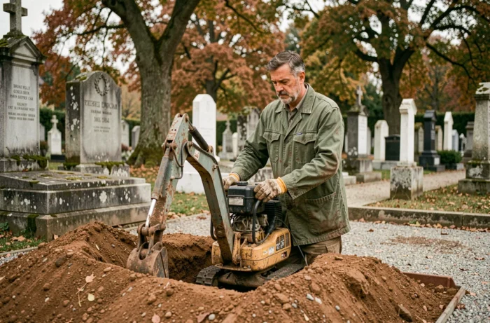 Fossoyeur opérant une excavatrice dans un cimetière français traditionnel lors du creusement d'une tombe