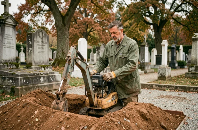 Fossoyeur opérant une excavatrice dans un cimetière français traditionnel lors du creusement d'une tombe