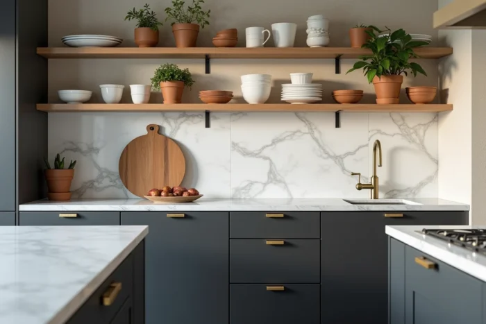 Cuisine moderne rénovée avec armoires anthracite, plan de travail en marbre et étagères ouvertes avec vaisselle artisanale