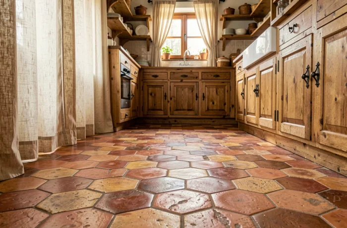 Cuisine rustique française avec carrelage imitation tomette hexagonale en terre cuite, associé à des meubles en chêne vieilli et rideaux en lin crème