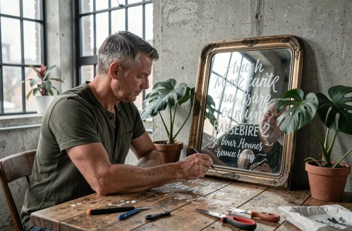 Homme appliquant des lettres adhésives personnalisées sur un miroir vintage dans un loft industriel avec mur en béton