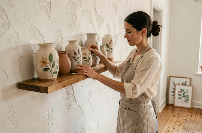 Femme arrangeant des vases en céramique personnalisés sur une étagère en bois dans un salon scandinave lumineux