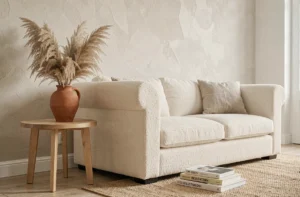 Salon scandinave moderne avec canapé boucle crème, table en chêne et vase en céramique terracotta avec herbes de la pampa séchées