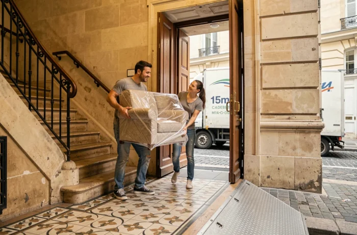 Deux déménageurs portant un fauteuil emballé dans l'escalier d'un immeuble haussmannien vers un camion 15m3