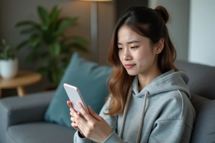 Une jeune femme frustrée après avoir déclenché accidentellement un geste de navigation sur son smartphone qui a interrompu sa lecture de manga
