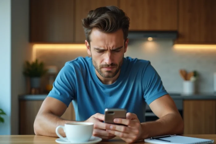 Un jeune homme contrarié par le zoom forcé qui s'est déclenché sur son navigateur mobile en lisant une page de manga