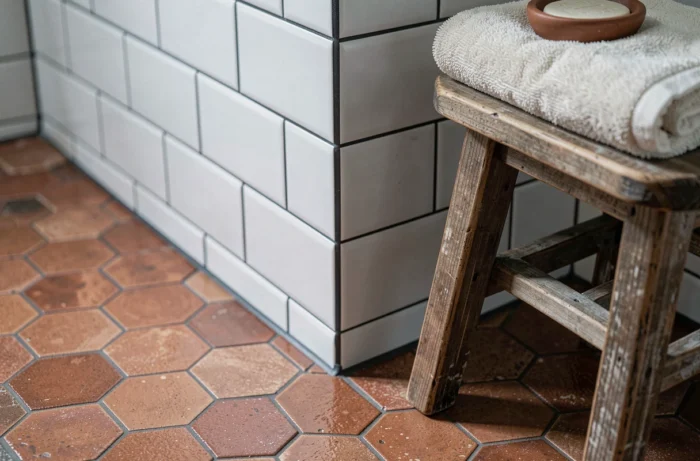 Détail salle de bain avec carrelage imitation tomette hexagonale au sol associé à des carreaux métro blancs en faïence murale et accessoires en bois brut