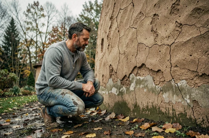 Homme inspectant des fissures et dommages liés à l'humidité sur la paroi en terre d'une kerterre en automne