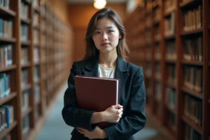 Jeune femme diplômée tenant un mémoire universitaire dans une bibliothèque, illustrant le niveau bac+6