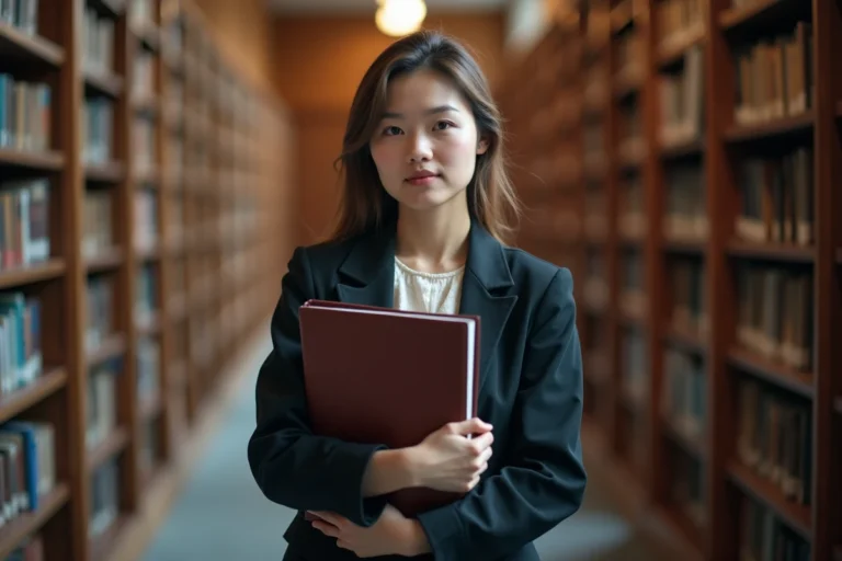 Jeune femme diplômée tenant un mémoire universitaire dans une bibliothèque, illustrant le niveau bac+6
