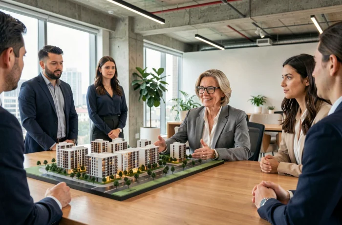 Directrice immobilière présentant une maquette de projet de logements à ses collègues dans un siège social moderne