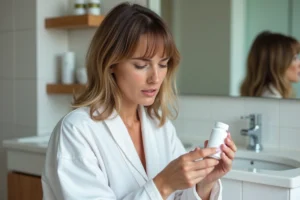 Femme examinant un complément alimentaire pour les cheveux Lashilé Good Hair avec une expression préoccupée dans une salle de bain moderne