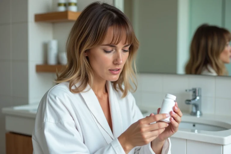Femme examinant un complément alimentaire pour les cheveux Lashilé Good Hair avec une expression préoccupée dans une salle de bain moderne