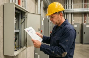 Électricien examinant son certificat d'habilitation électrique devant un tableau électrique industriel