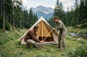 Couple installant une tente en toile dans une clairière alpine entourée de sapins et de fleurs sauvages lors d'un camping en pleine nature