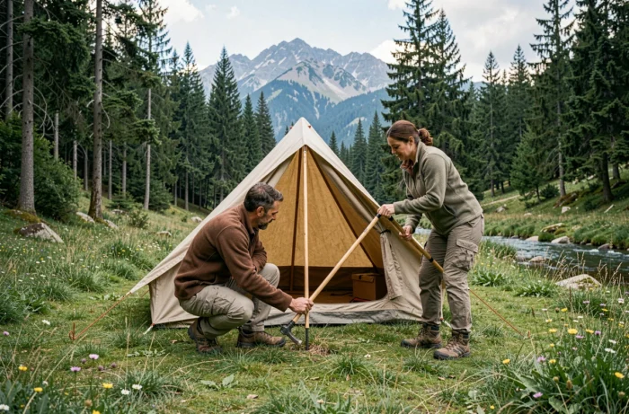 Couple installant une tente en toile dans une clairière alpine entourée de sapins et de fleurs sauvages lors d'un camping en pleine nature
