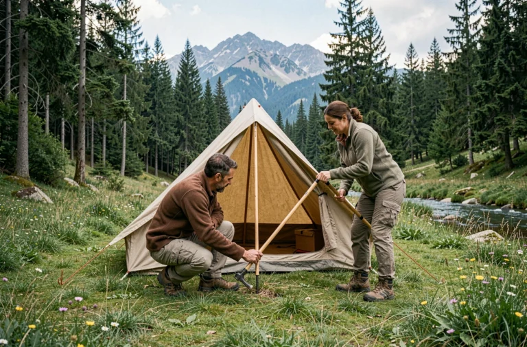 Couple installant une tente en toile dans une clairière alpine entourée de sapins et de fleurs sauvages lors d'un camping en pleine nature