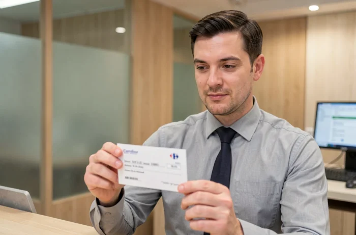 Un conseiller bancaire examine un chèque Carrefour avant son encaissement