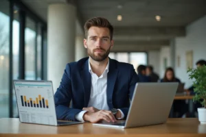 Entrepreneur fintech assis à un bureau moderne avec un tableau de bord financier ouvert sur son ordinateur portable, dans un open space parisien contemporain
