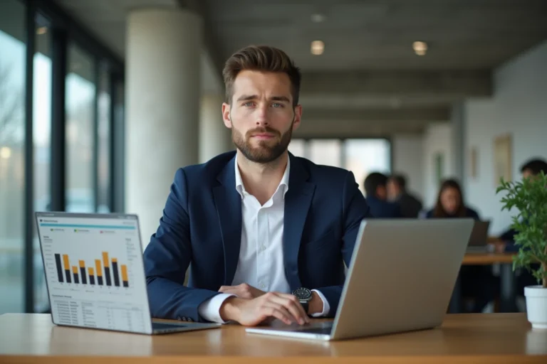 Entrepreneur fintech assis à un bureau moderne avec un tableau de bord financier ouvert sur son ordinateur portable, dans un open space parisien contemporain