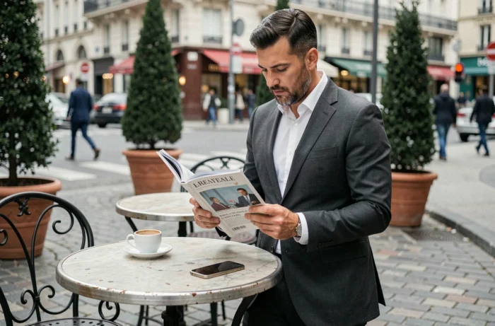 Entrepreneur lisant un magazine business en terrasse de café parisien avec smartphone et espresso