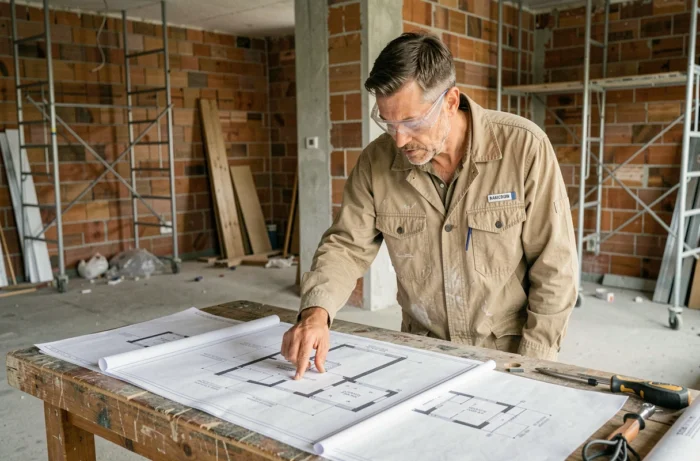 Entrepreneur en bâtiment examinant des plans de rénovation dans un appartement en travaux pour optimiser un investissement immobilier