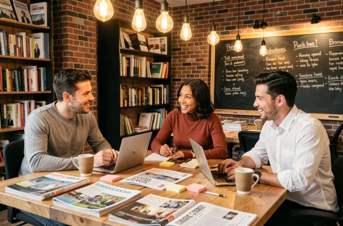 Groupe d'entrepreneurs en réunion stratégique dans un espace de coworking avec des magazines et ressources business