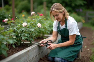 Femme qui taille des rosiers dans un jardin potager surélevé en bois, portant un tablier vert, ambiance jardin entretenu au printemps