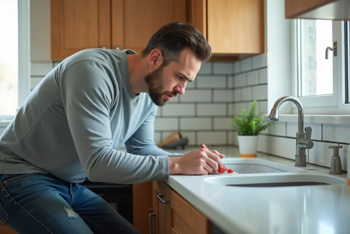 Homme appliquant du mastic blanc sur le carrelage de cuisine, travaux d'entretien intérieur de la maison, bricolage réaliste