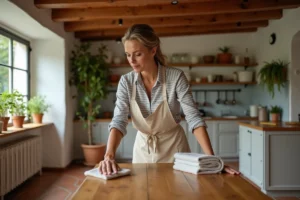 Femme entretenant une table en chêne massif avec un chiffon et du polish dans une cuisine rustique aux poutres apparentes