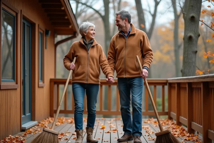 Couple balayant les feuilles mortes sur une terrasse en bois en automne, entretien extérieur de la maison en saison