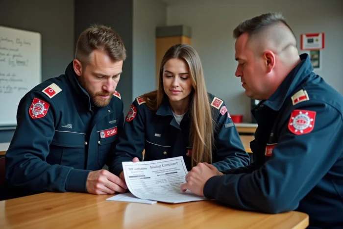 Équipe de pompiers de la Gironde consultant une brochure de soutien aux sapeurs-pompiers