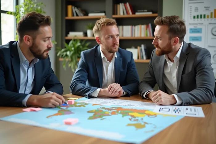 Trois professionnels étudient une carte du monde et des rapports financiers dans un espace de coworking moderne, représentant la stratégie d'optimisation fiscale internationale en 2024