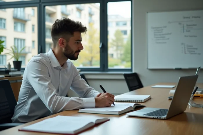 Étudiant en master spécialisé travaillant sur des documents académiques dans une salle de séminaire universitaire