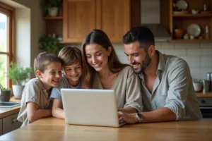 Famille réunie autour d'un ordinateur portable pour explorer un site web familial dans une cuisine chaleureuse