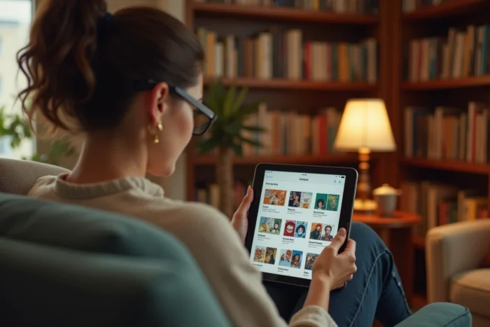 Une femme organisant sa bibliothèque de manga en favoris sur une tablette, classant ses séries par statut de lecture dans différentes étagères