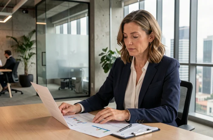 Femme d'affaires professionnelle analysant des rapports économiques dans un bureau moderne avec vue sur la ville