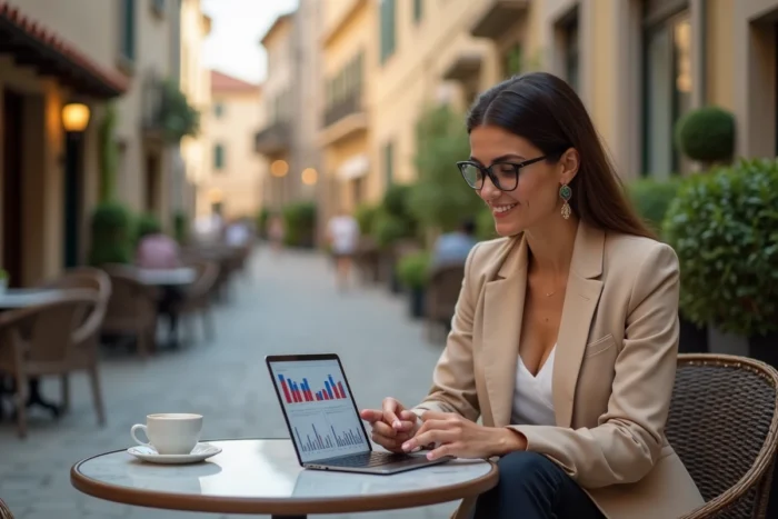 Une femme d'affaires consulte des données fiscales sur sa tablette en terrasse de café dans une ville européenne méditerranéenne, symbolisant la résidence fiscale à l'étranger