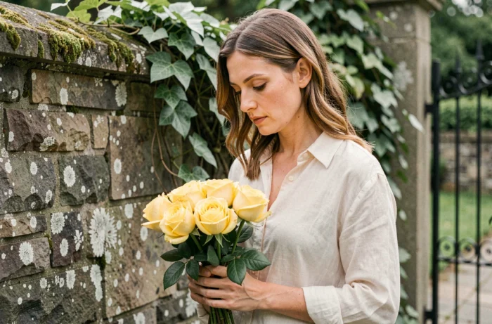 Femme tenant un bouquet de roses jaunes dans un jardin ancien, évoquant la symbolique de la trahison dans le langage des fleurs