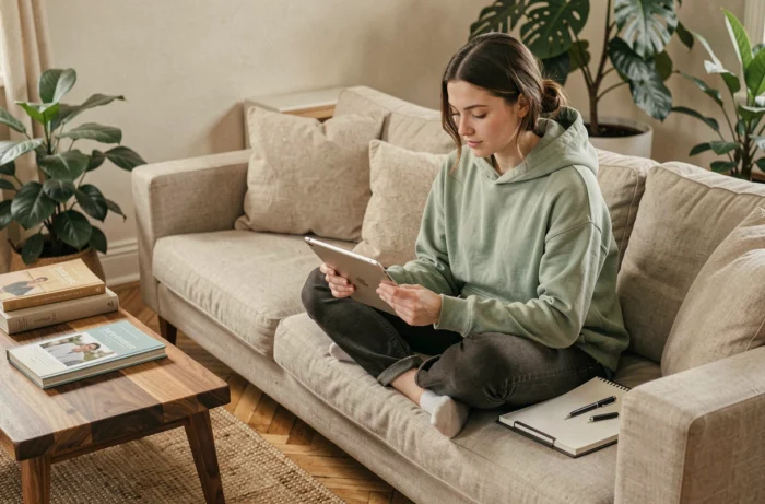Jeune femme utilisant une application de calendrier numérique sur tablette pour organiser son emploi du temps depuis son canapé à la maison