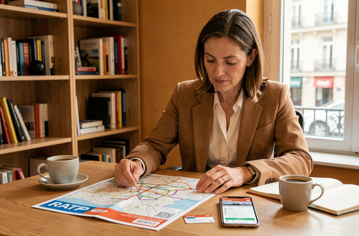 Femme consultant la carte des zones Navigo et les tarifs du pass mensuel