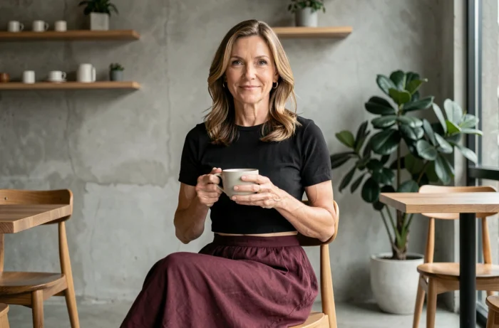 Femme quinquagénaire stylée en crop top noir et jupe midi bordeaux assise dans un café moderne