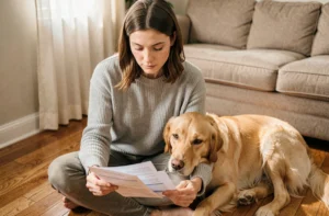 Femme comparant des offres d'assurance animaux avec son golden retriever posé contre elle dans un salon chaleureux