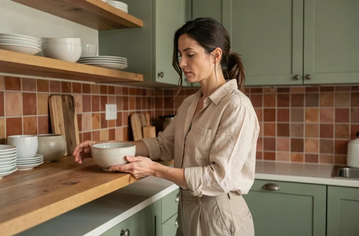 Femme arrangeant un bol en céramique sur une étagère en bois dans une cuisine moderne aux tons verts sauge et carrelage terracotta