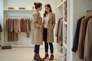 Femme élégante en trench coat beige explorant les tendances mode dans une boutique minimaliste