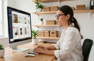 Femme entrepreneur gérant son site e-commerce professionnel sur un ordinateur de bureau dans un bureau à domicile moderne