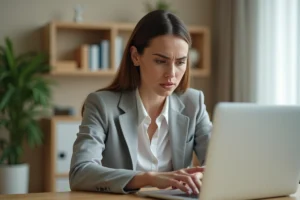 Femme frustrée devant son ordinateur portable face à une erreur de connexion sur un portail en ligne