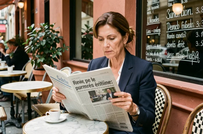 Femme française lisant un journal d'actualités politiques à la terrasse d'un café parisien