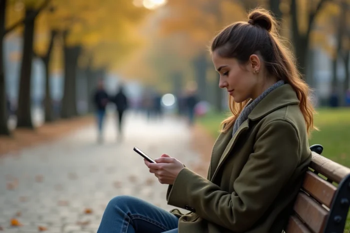 Jeune femme relisant un message ambigu sur son téléphone dans un parc en automne, réfléchissant au sens du 'je t'aime beaucoup'