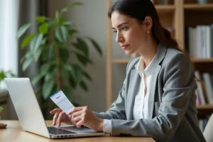 Femme consultant un billet SNCF imprimé tout en modifiant sa réservation sur un ordinateur portable dans un bureau à domicile